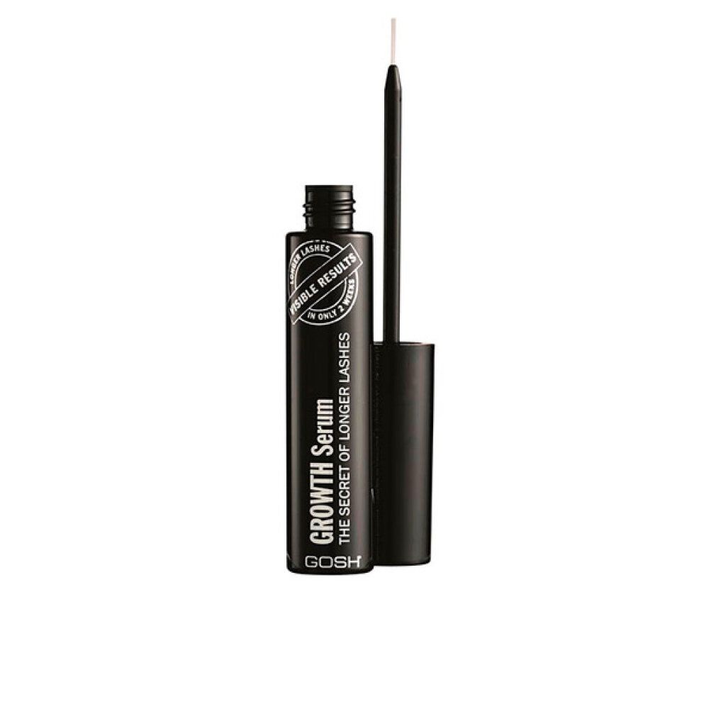 Flacone nero con applicatore. Scritta: Growth Serum, The Secret of Longer Lashes. Marchio: GOSH. Risultati visibili in 2 settimane.