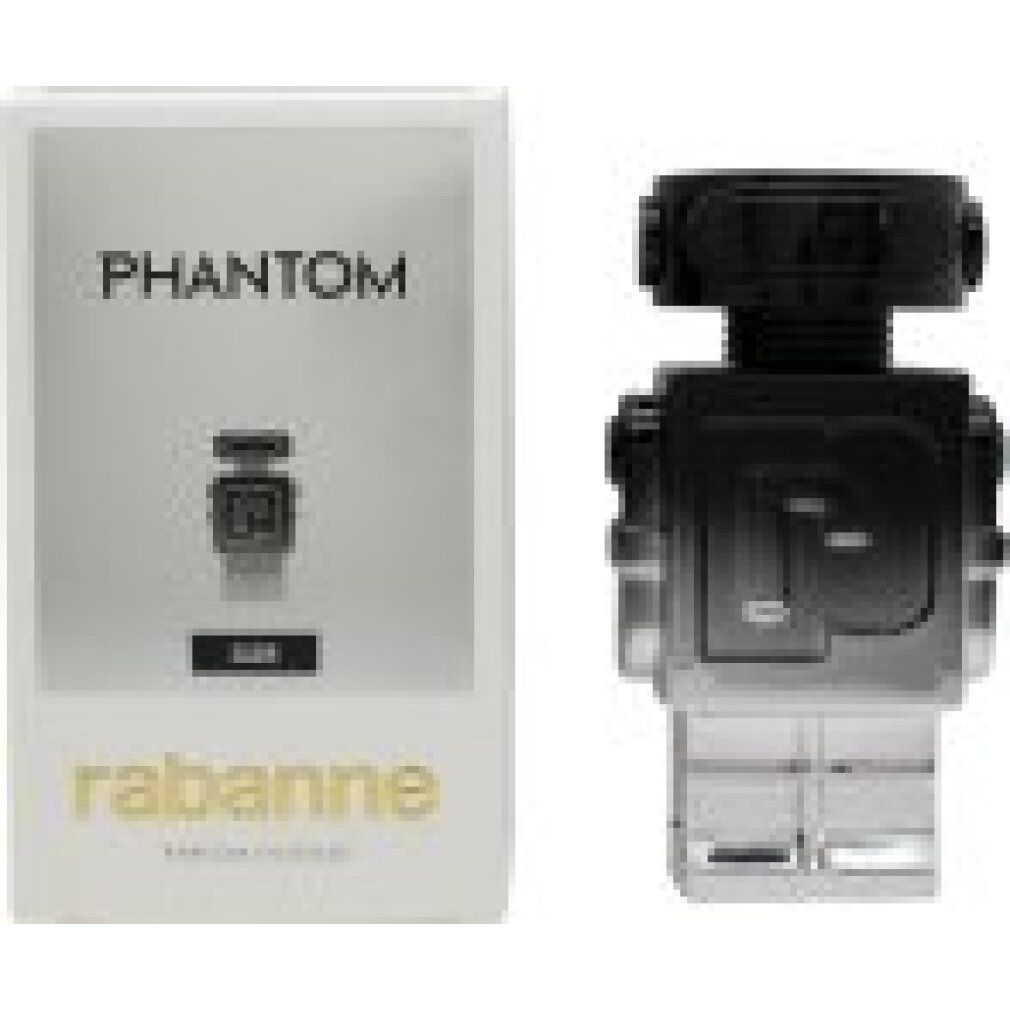 Flacone Rabanne Phantom Elixir a forma di robot e confezione. Colori nero e argento. Scritte Phantom, Elixir, Rabanne.