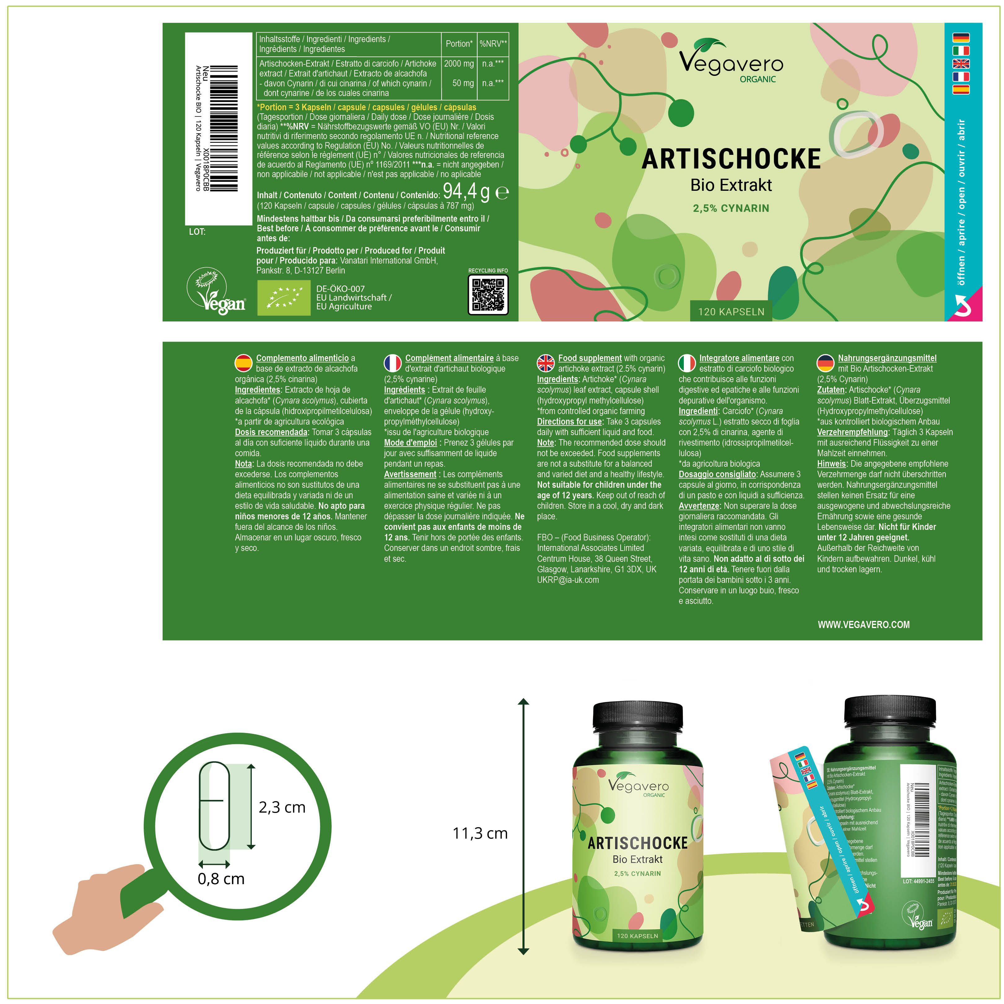 Confezione del prodotto con etichette. Contiene informazioni su ingredienti e valori nutrizionali. Dimensioni della capsula: 2,3 x 0,8 cm. Flacone: 11,3 cm di altezza.