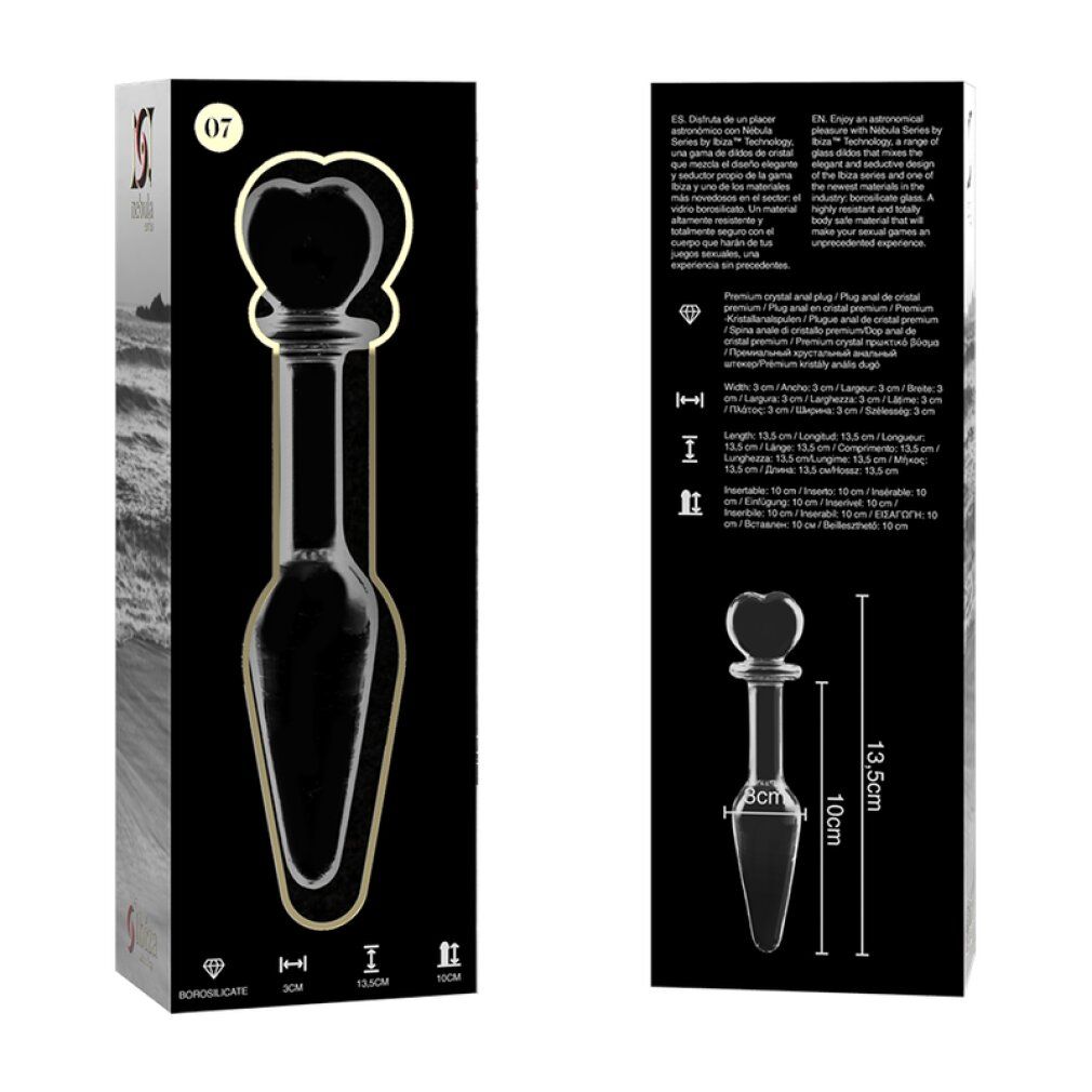 Plug anale in vetro con impugnatura a cuore, lungo 13,5cm, largo 3cm. Confezione con immagine del prodotto.