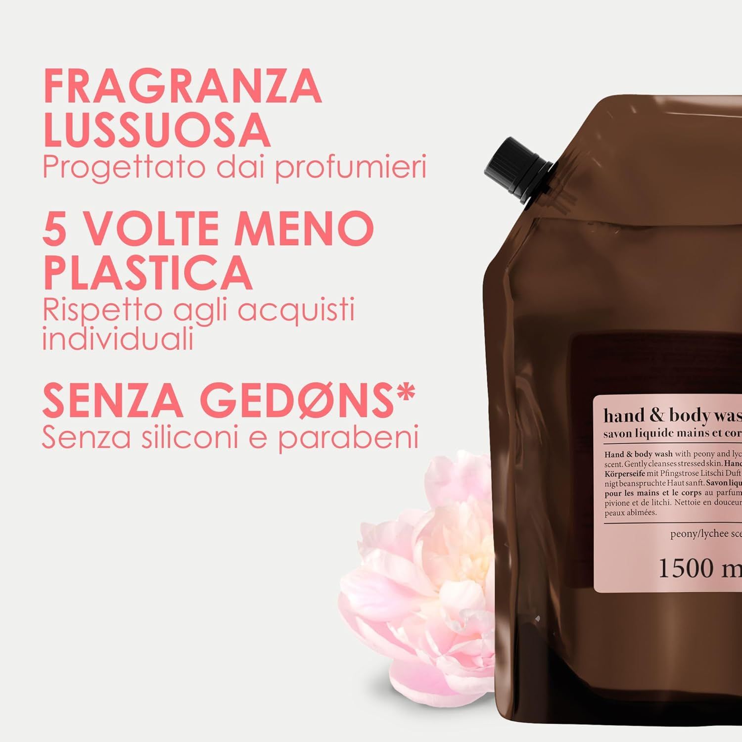 Ricarica marrone con informazioni sul prodotto. 5x meno plastica. Senza siliconi e parabeni. Profumo lussuoso.