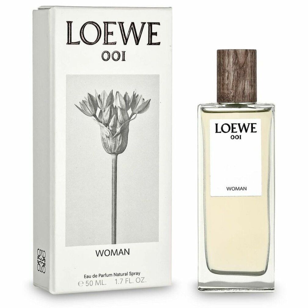 Loewe 001 Woman Edp Spray e confezione. Flacone e scatola con motivo floreale. Scritta: LOEWE 001, WOMAN.