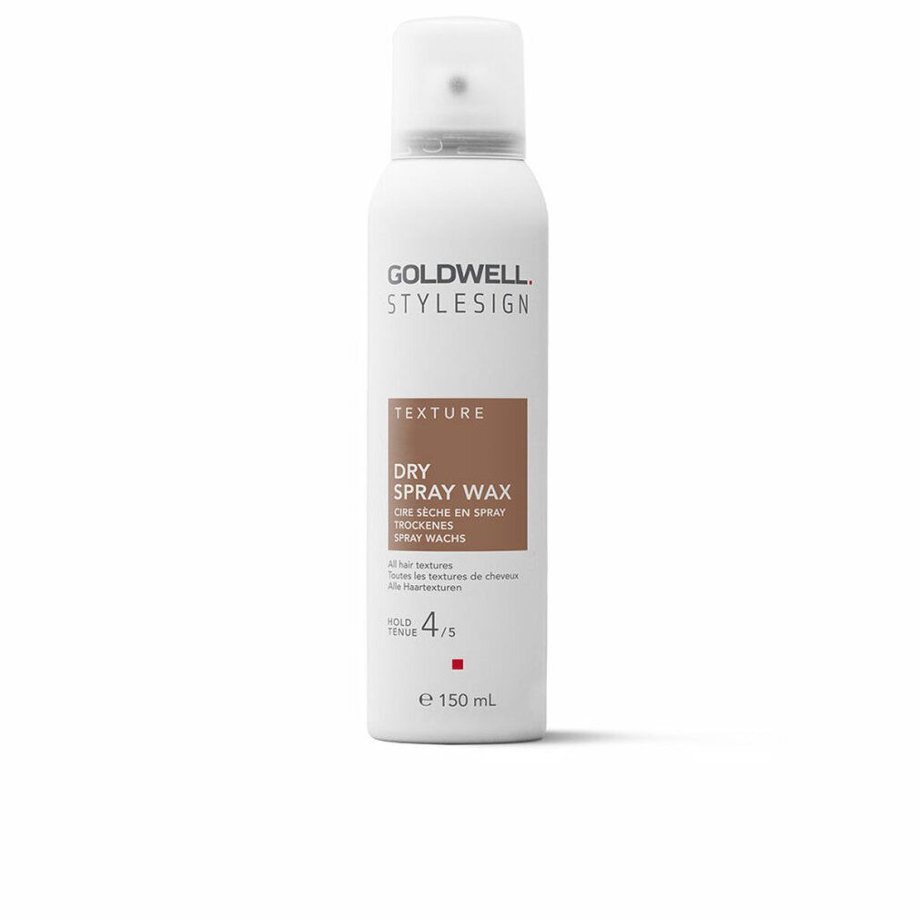 Flacone di cera spray secca Goldwell Stylesign Texture. Bianco, con etichetta marrone. Testo: Dry Spray Wax, 150 ml.