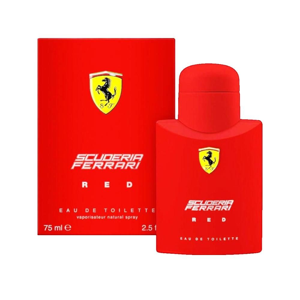 Flacone e confezione rossi. Logo e scritta Scuderia Ferrari Red. Eau de Toilette. 75 ml.