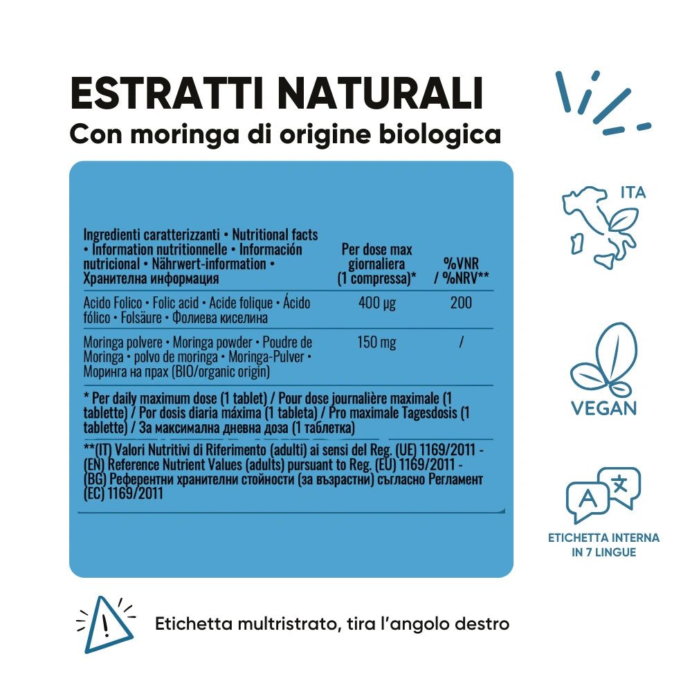 Tabella con ingredienti: Acido folico, Moringa. Sigillo vegano. Etichetta multilingue.