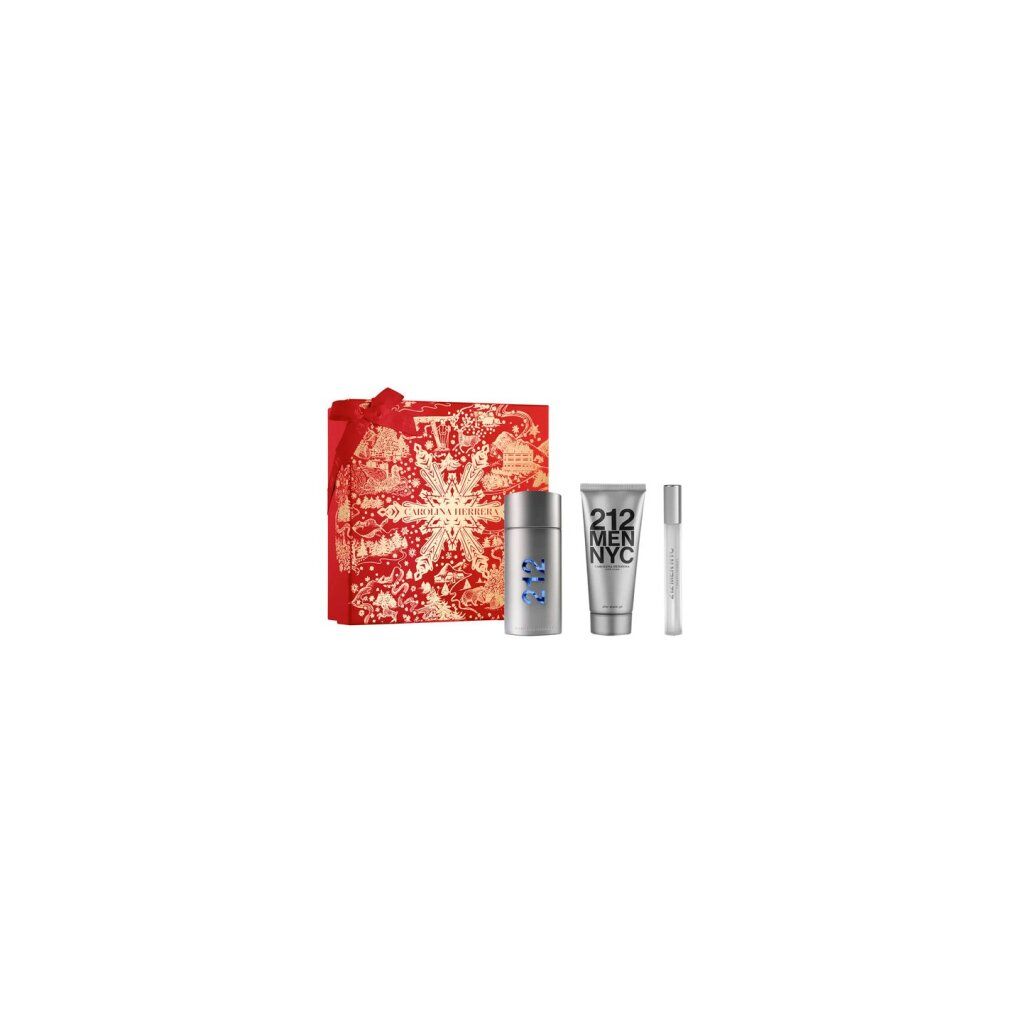 Set regalo con scatola rossa, spray profumo, stick deodorante e roll-on. Scritta: 212 MEN NYC.