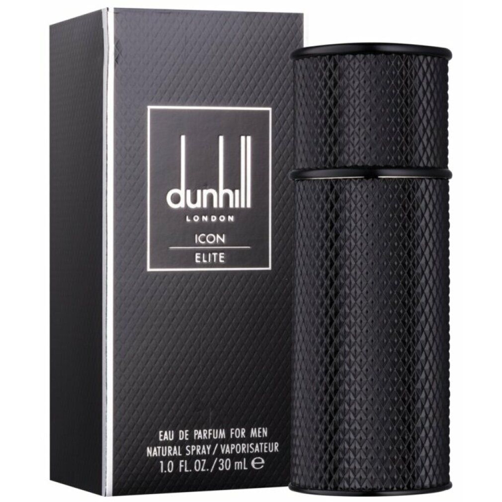 Flacone e confezione neri. Testo: Dunhill London, Icon Elite. Eau de Parfum per uomo.