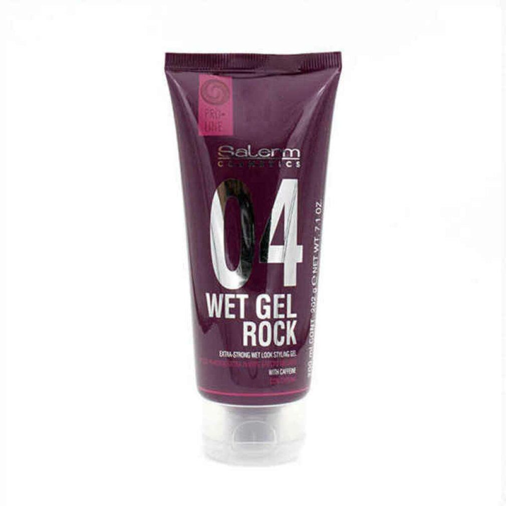 Tubo viola con tappo bianco. Scritta: Salerm Cosmetics, 04, Wet Gel Rock, Extra Strong Wet Look Styling Gel. Con caffeina.