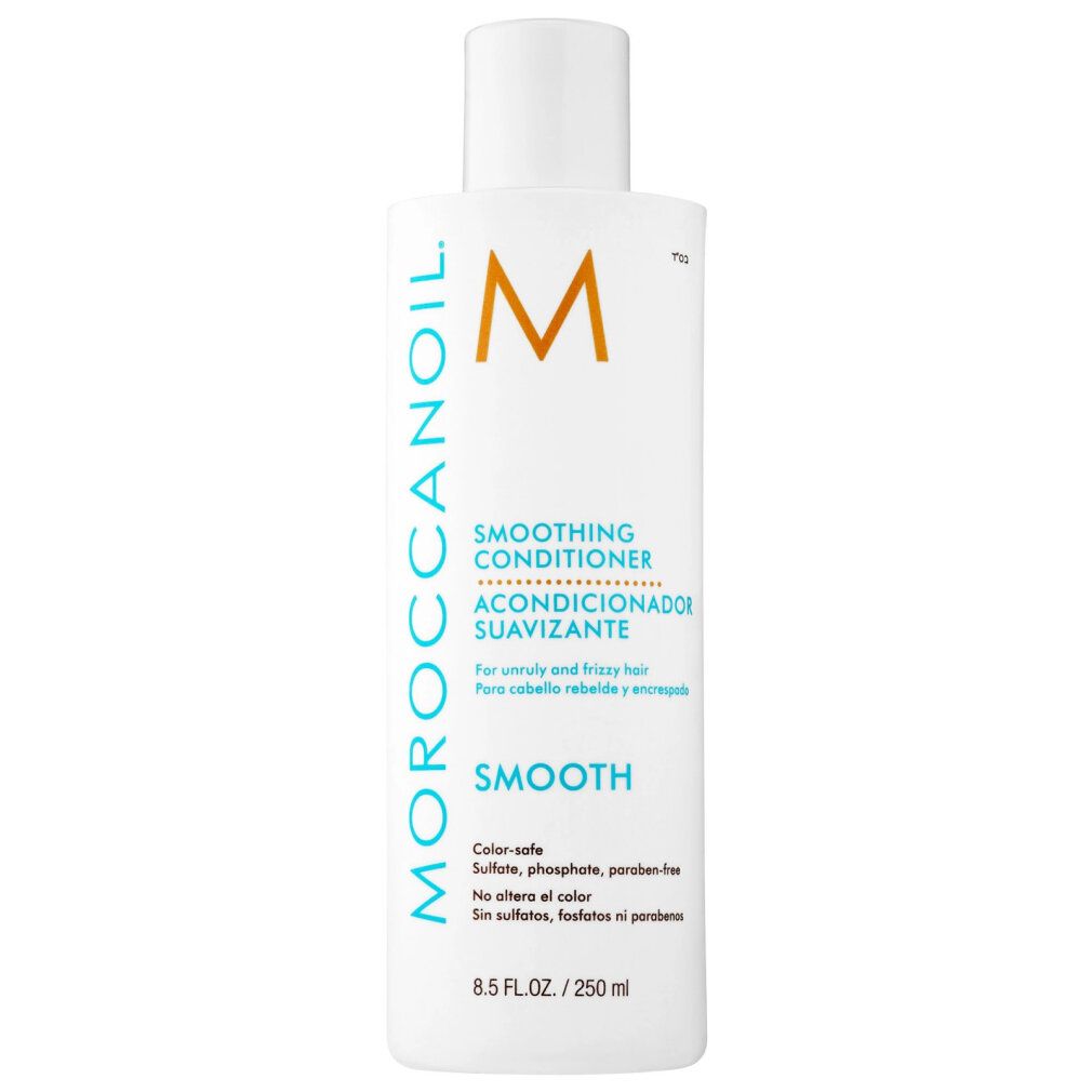 Flacone bianco con logo arancione e testo. Contiene "Smoothing Conditioner" e "Moroccanoil".