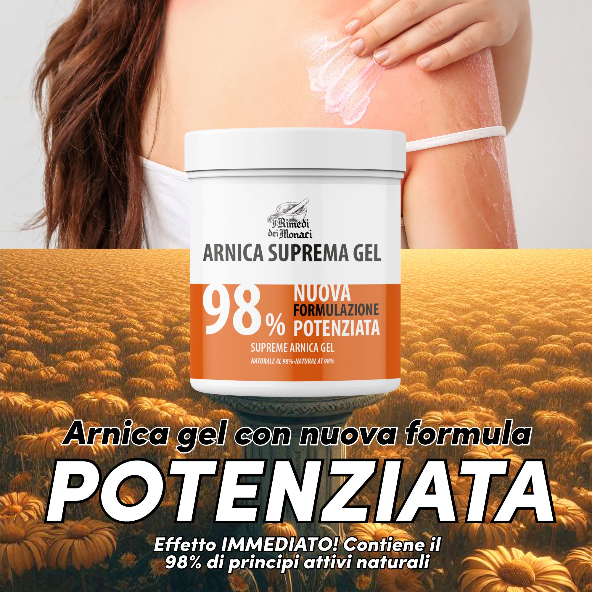 Barattolo bianco con testo arancione. Testo: Arnica Suprema Gel 98%. Scritta: Nuova formulazione. Sfondo: fiori gialli.