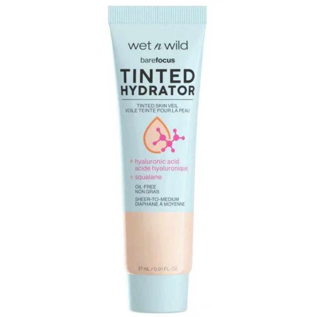 Tubo di idratante colorato Wet n Wild. Contiene acido ialuronico e squalano. Scritta TINTED HYDRATOR. Formato 27 ml.