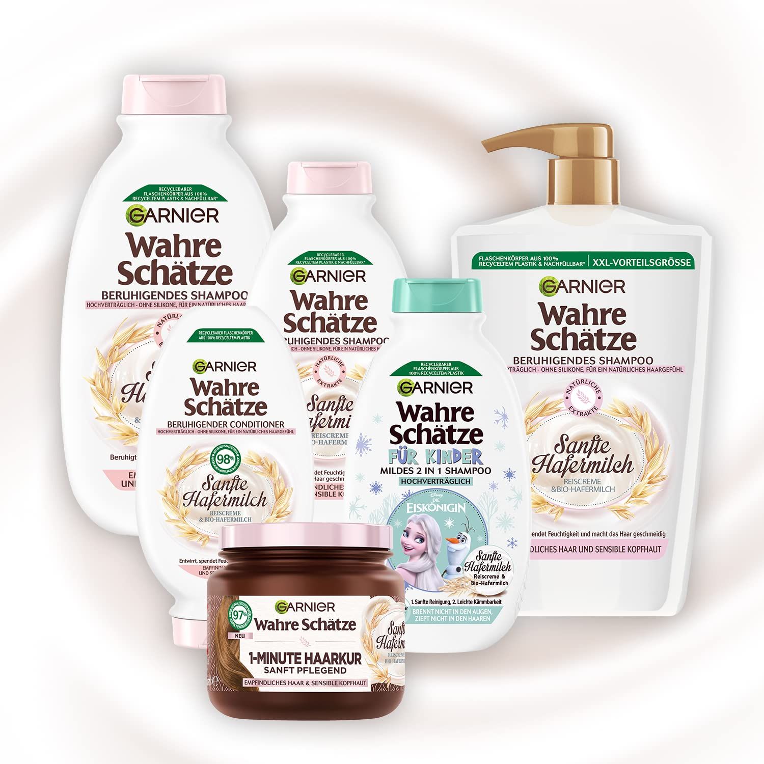 Vari prodotti Garnier Wahre Schätze: shampoo, balsamo, trattamento per capelli. Latte d'avena delicato, shampoo per bambini, shampoo 2 in 1.