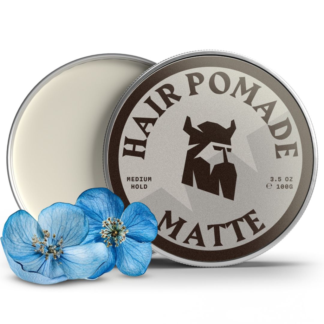 Barattolo di pomata per capelli, opaca, tenuta media, 100g, con fiori blu.
