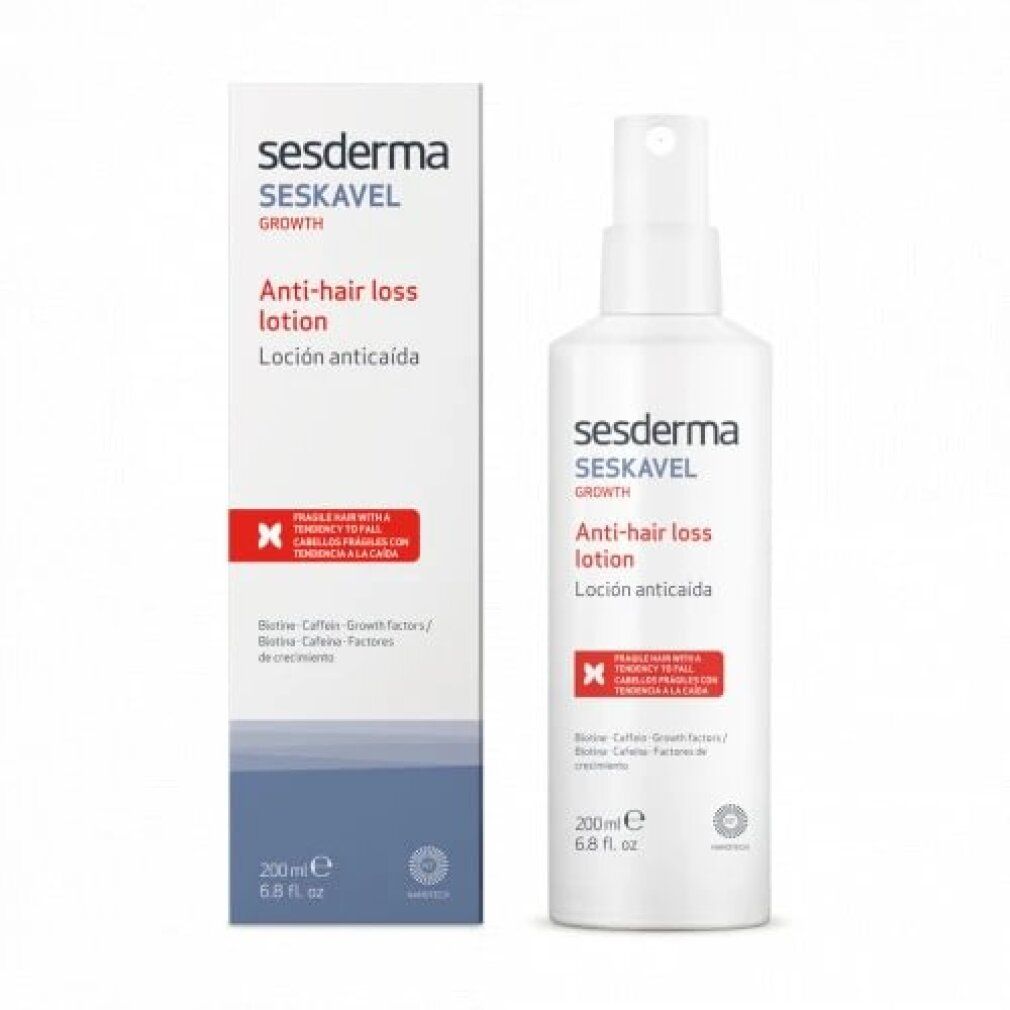 Flacone e scatola bianchi. Scritta: sesderma SESKAVEL GROWTH Lozione anticaduta. Contiene biotina, caffeina, fattori di crescita.