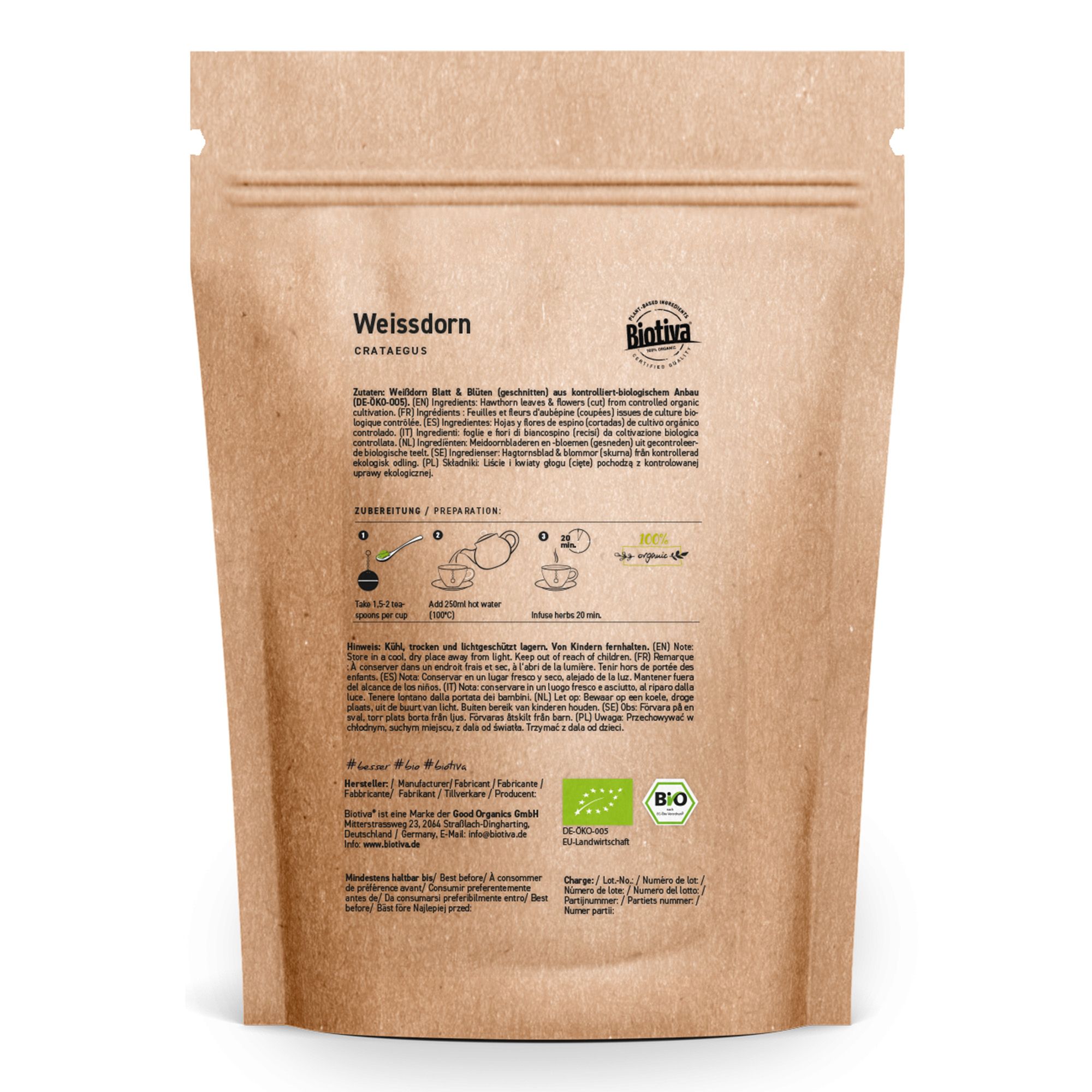 Retro della confezione in carta con testo: Biancospino. Logo Biotiva. Istruzioni per la preparazione. Sigillo bio.