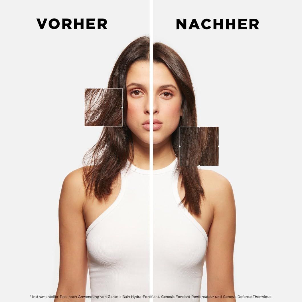 Confronto prima-dopo. Donna con capelli. Sinistra: Prima. Destra: Dopo. Prodotti Kérastase Genesis.