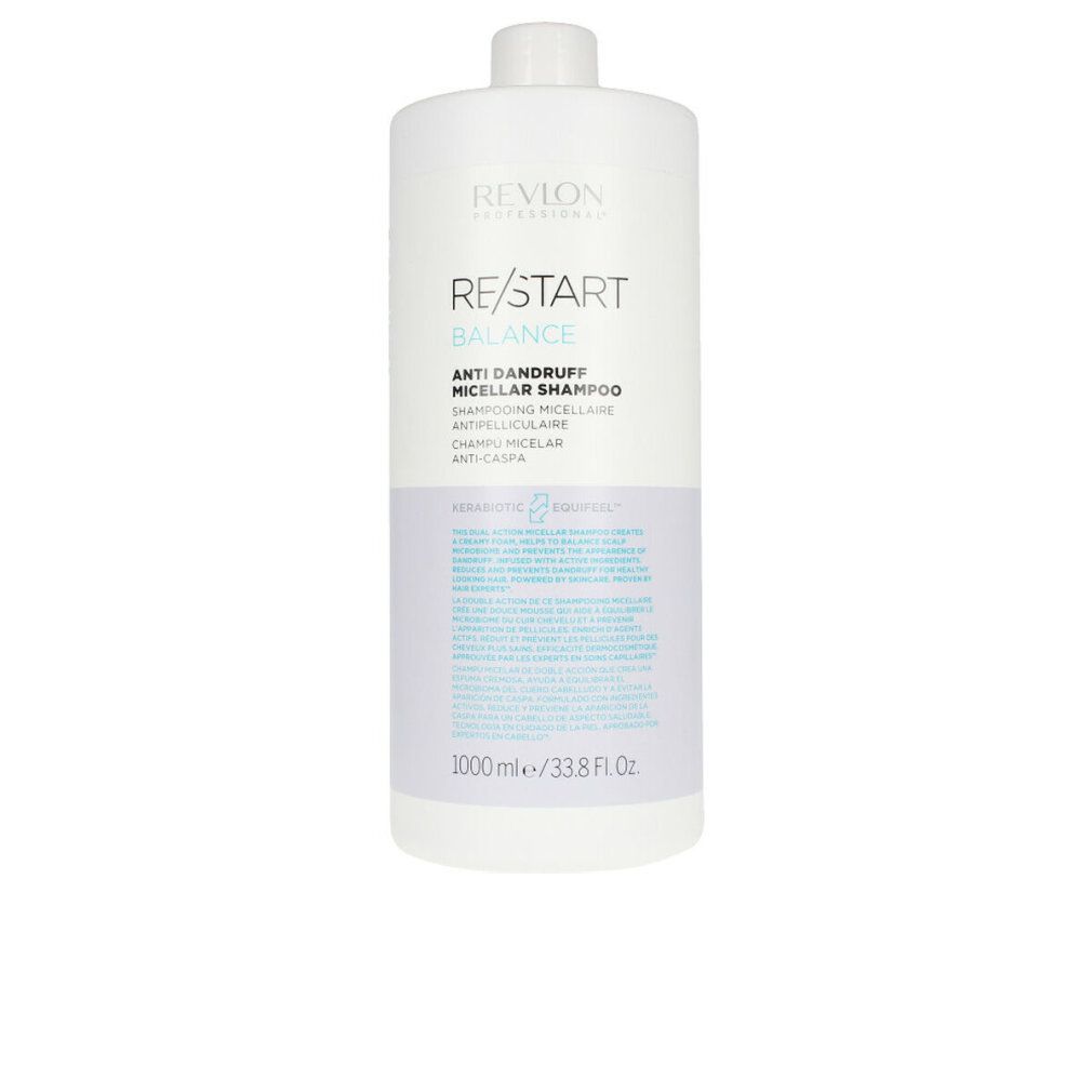 Flacone bianco Revlon Re-Start Balance Shampoo Micellare Antiforfora. Testo: Antiforfora, 1000 ml/33.8 fl oz.