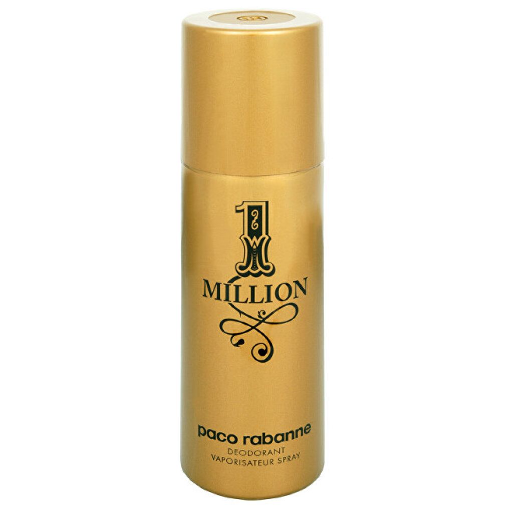 Spray deodorante dorato. Scritta 1 Million, Paco Rabanne. Forma cilindrica con tappo.