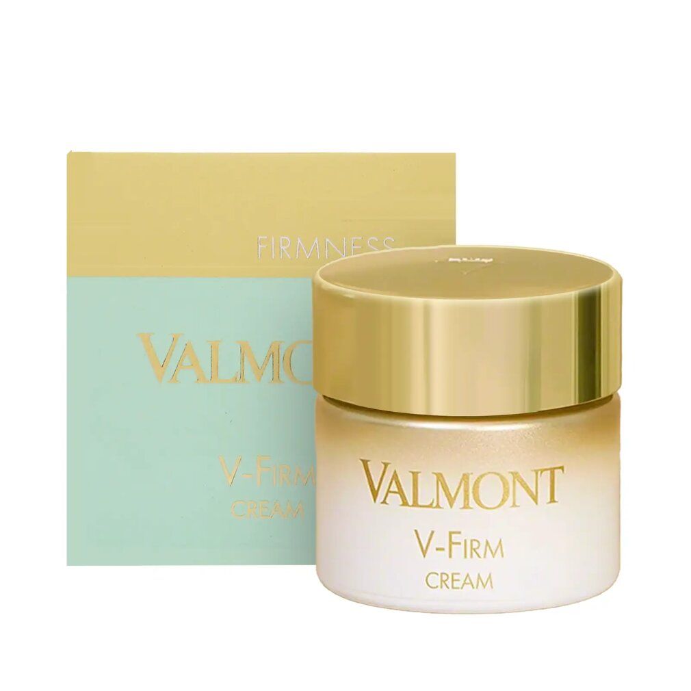 Vaso di crema con coperchio dorato e confezione. Scritta: VALMONT, V-Firm, CREAM. Confezione: verde/oro.
