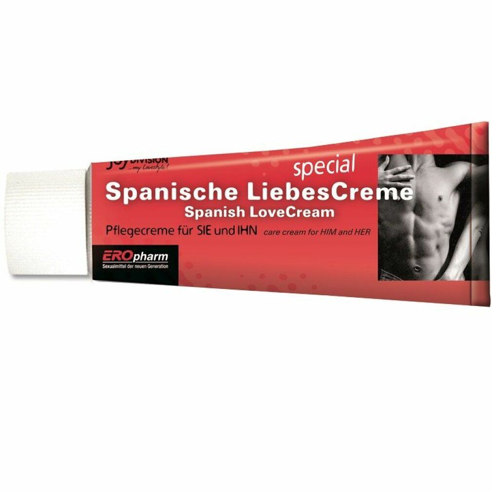 Tubo della crema amorosa speciale spagnola EROpharm con immagine di un uomo.