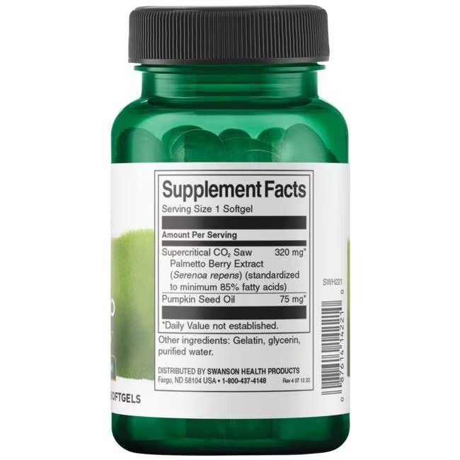Retro del flacone verde. Scritta: Supplement Facts, 320 mg estratto di saw palmetto, 75 mg olio di semi di zucca.