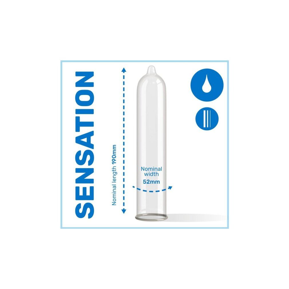 Rappresentazione grafica di un preservativo. Scritta: Sensation. Dimensioni: 190mm lunghezza, 52mm larghezza.