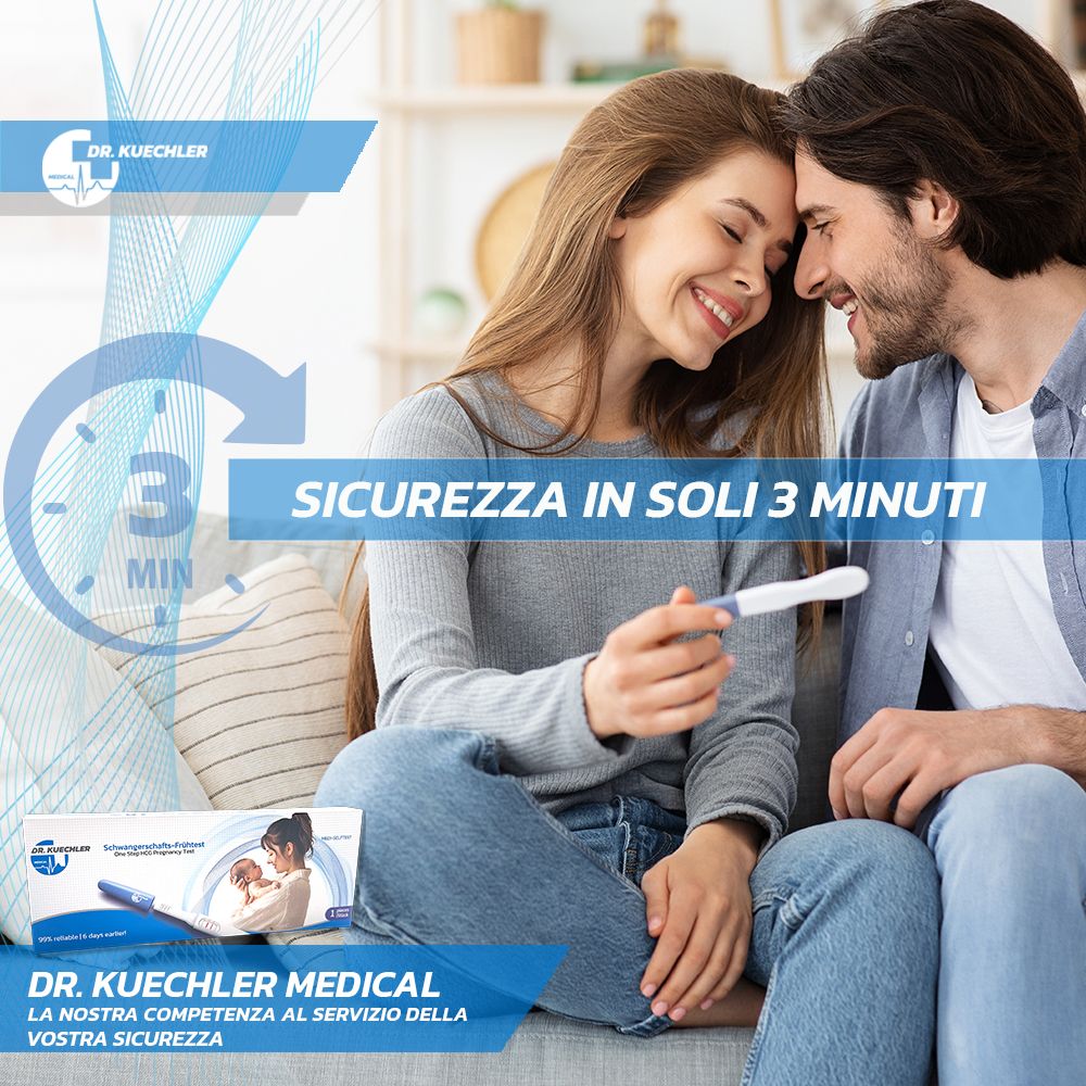 Coppia felice con test di gravidanza. "Sicurezza in soli 3 minuti".