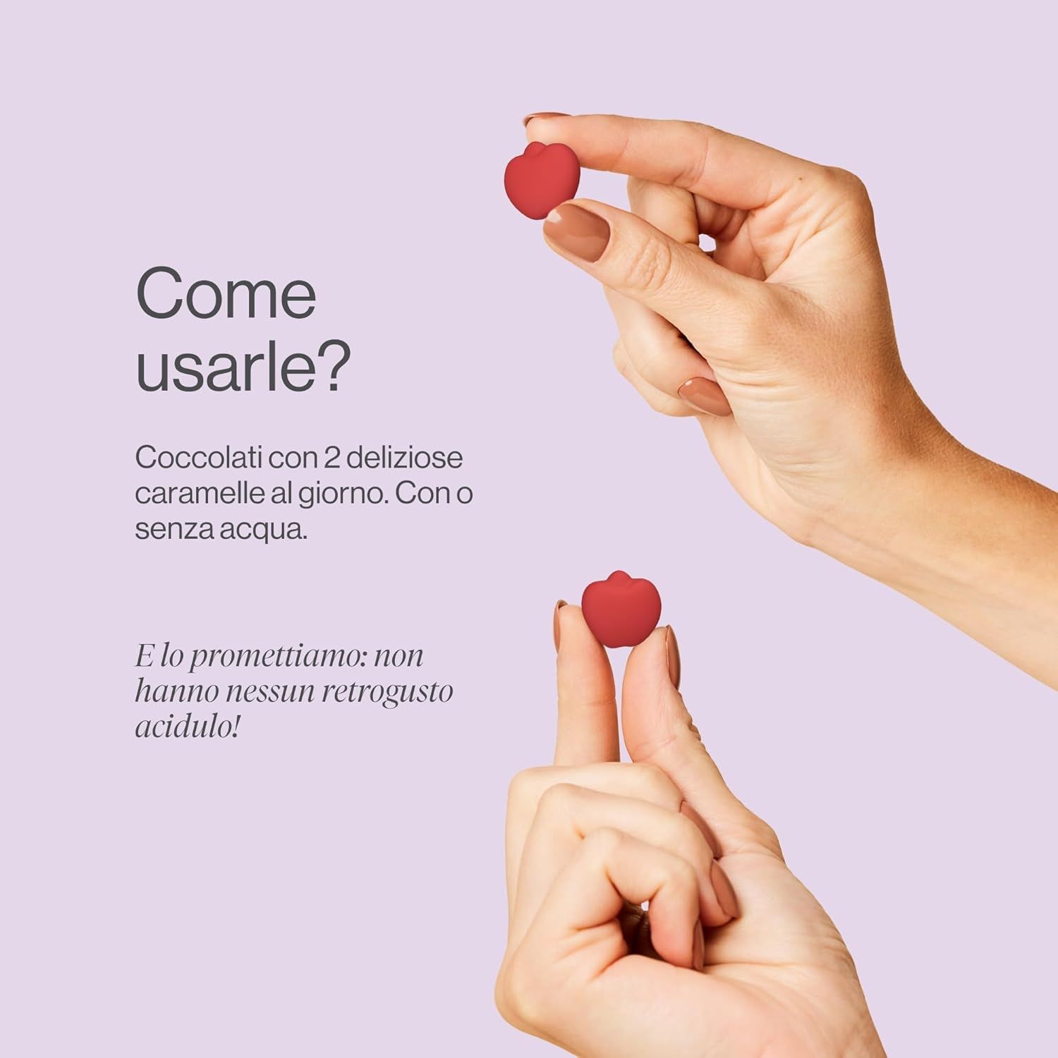 Due mani tengono caramelle gommose rosse a forma di cuore. Scritta: Boom Body. Senza gusto acido.