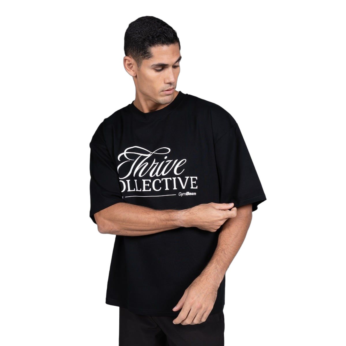 GymBeam Maglietta uomo oversize in cotone Thrive nera con spalle scese