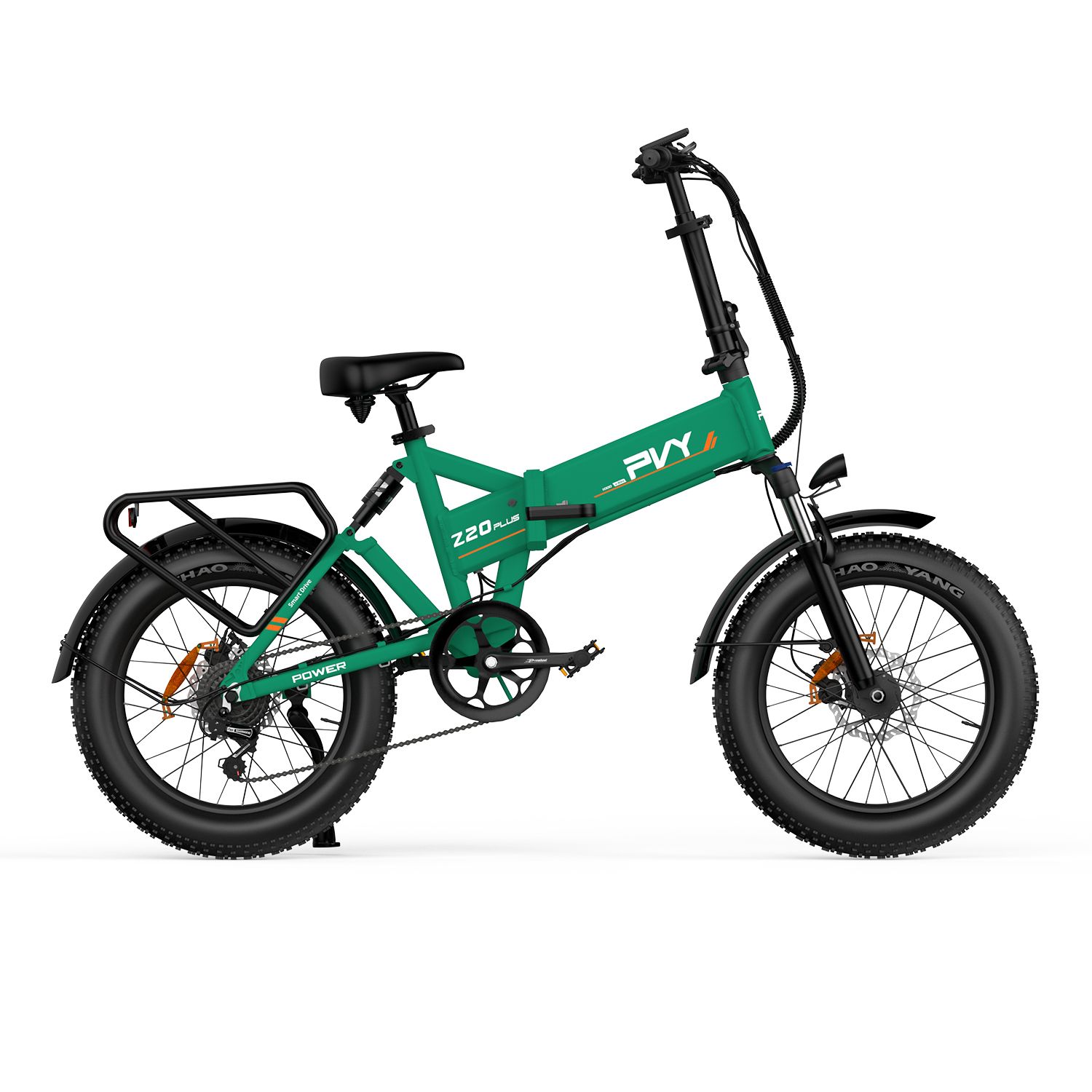 E-bike PVY Z20 Plus verde con tripla sospensione. Pneumatici neri, portapacchi e sella. Scritte visibili.