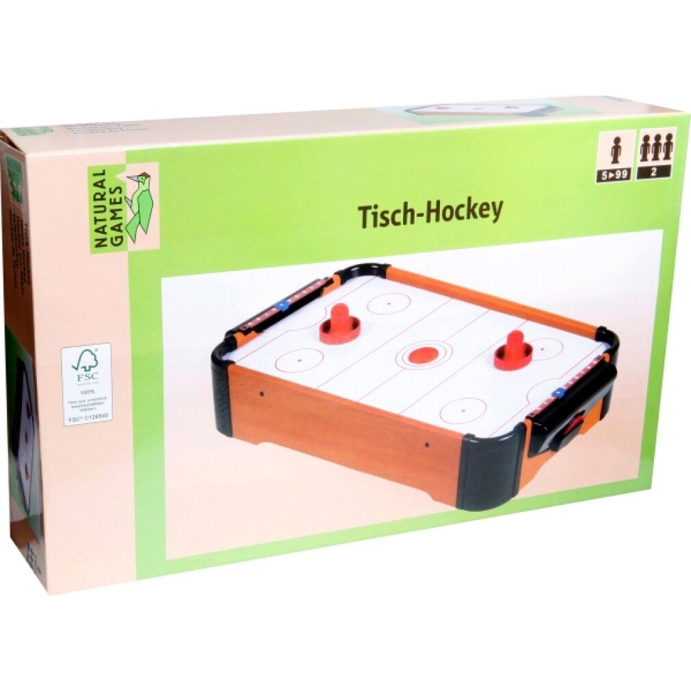 Hockey da tavolo in confezione. Campo di gioco color legno, dischi e manici rossi. Confezione con logo e testo.