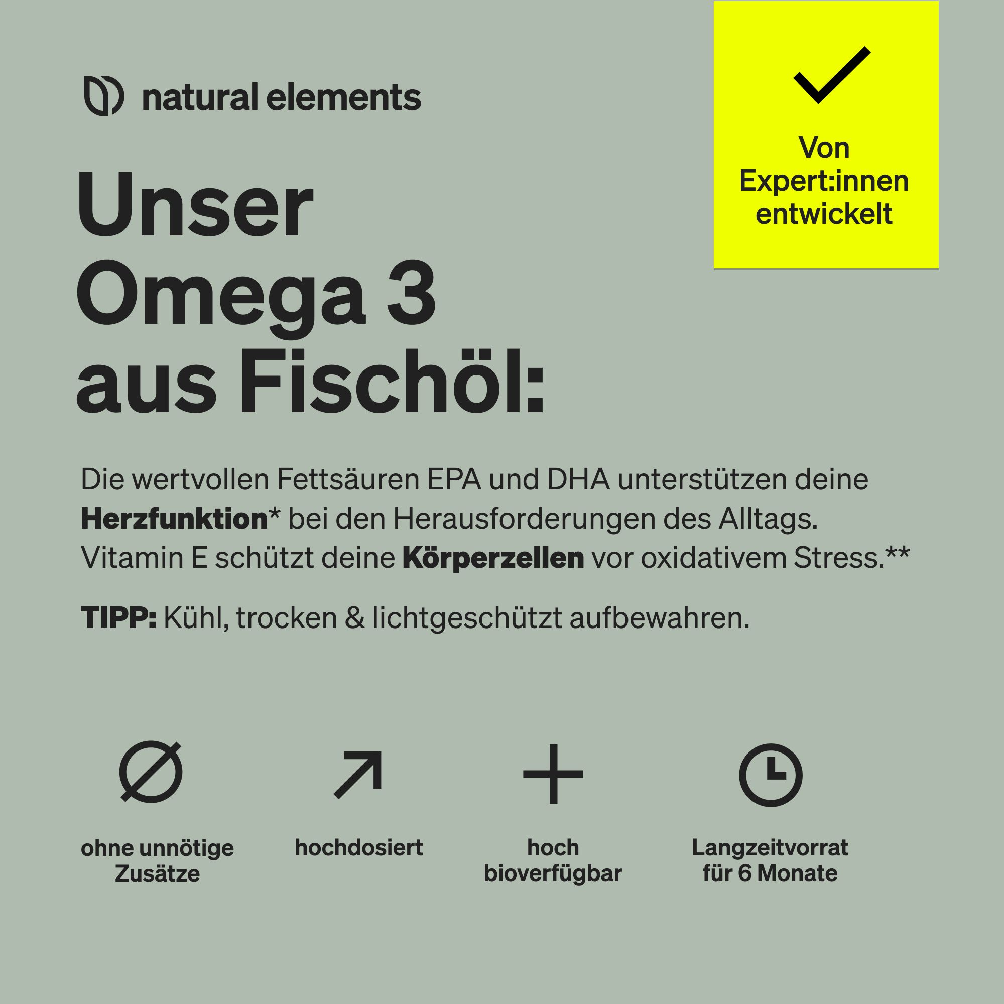 Testo su sfondo verde. Titolo: Unser Omega 3 aus Fischöl. Altri testi e icone.