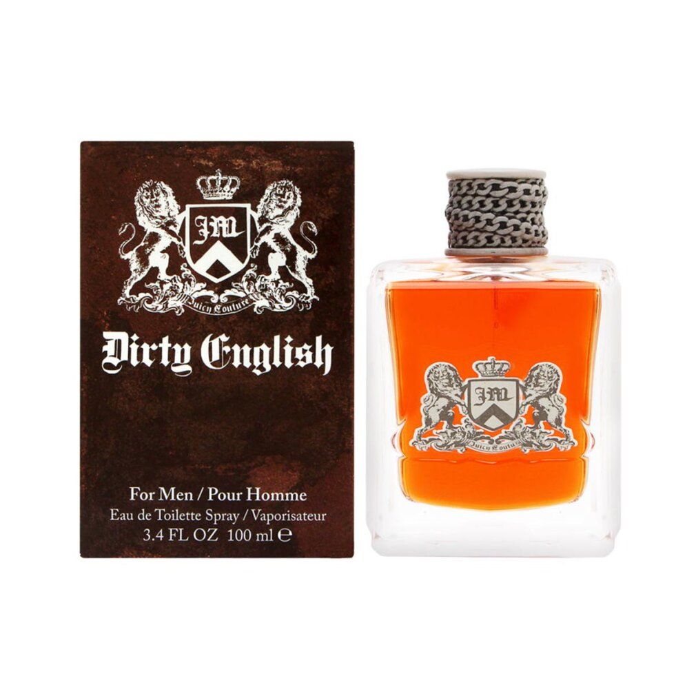 Spray Eau de Toilette con confezione. Flacone con tappo argentato e logo. Confezione con logo e scritta Dirty English.