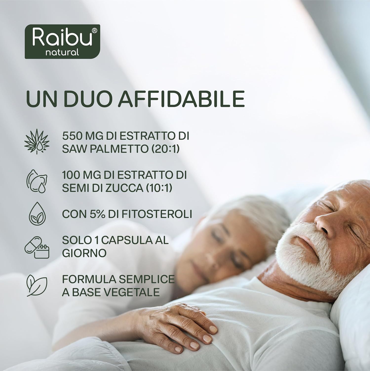 Foto: coppia anziana a letto. Testo: 550 mg estratto di saw palmetto, 100 mg estratto di semi di zucca, 5% fitosteroli.