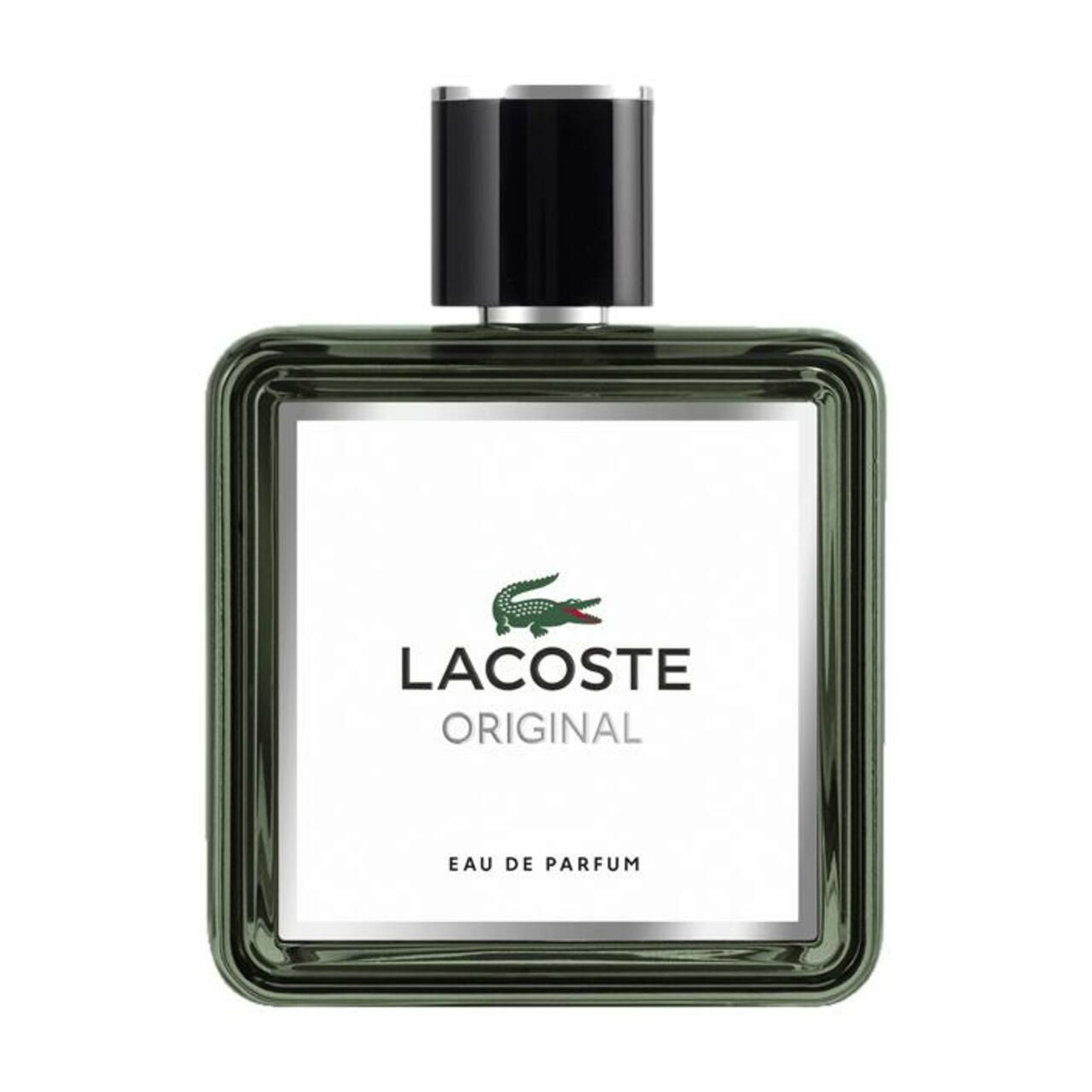 Flacone quadrato con tappo nero. Etichetta bianca con logo e scritta 'LACOSTE ORIGINAL'. 'EAU DE PARFUM' sotto.