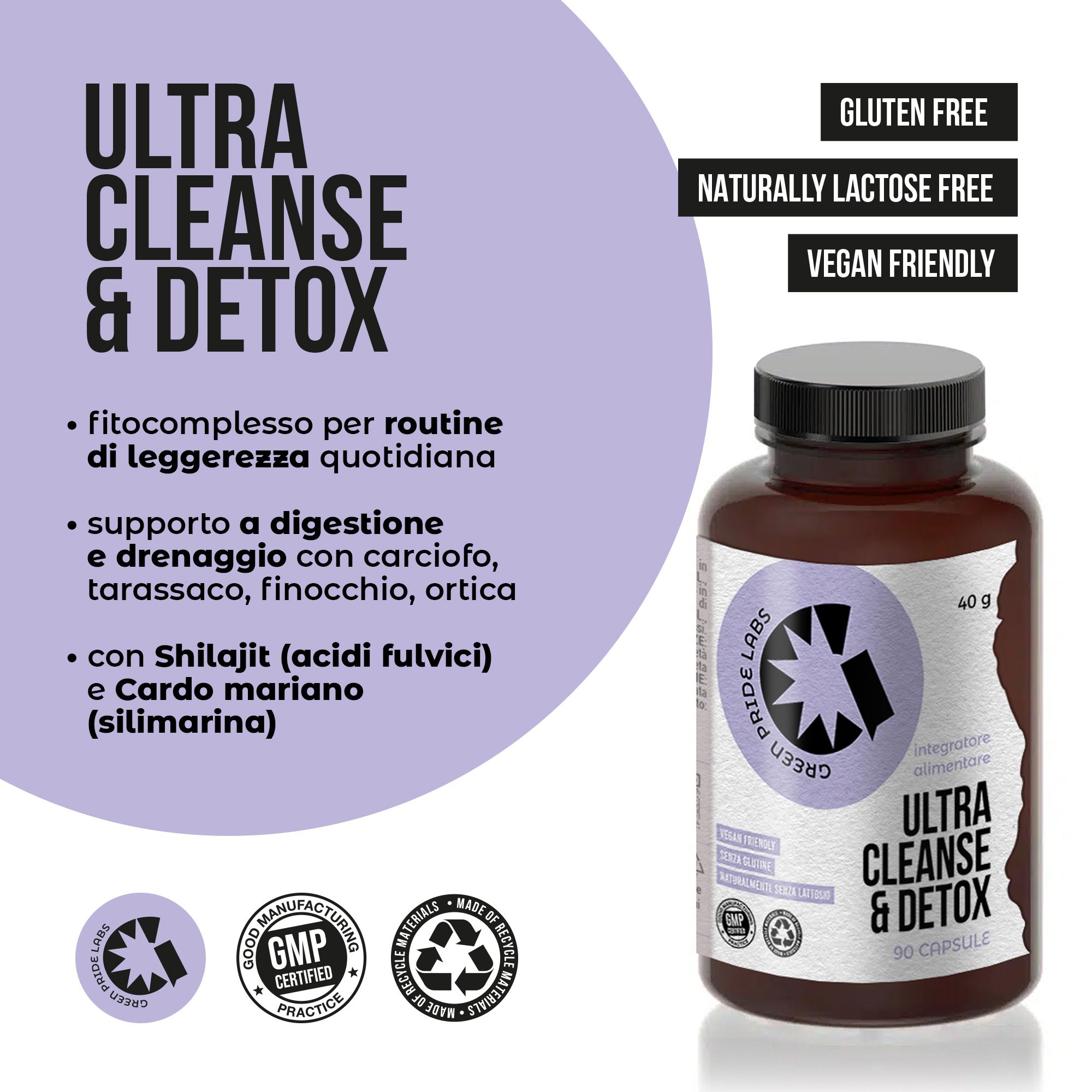 Flacone marrone "ULTRA CLEANSE & DETOX", senza glutine, senza lattosio, vegano.