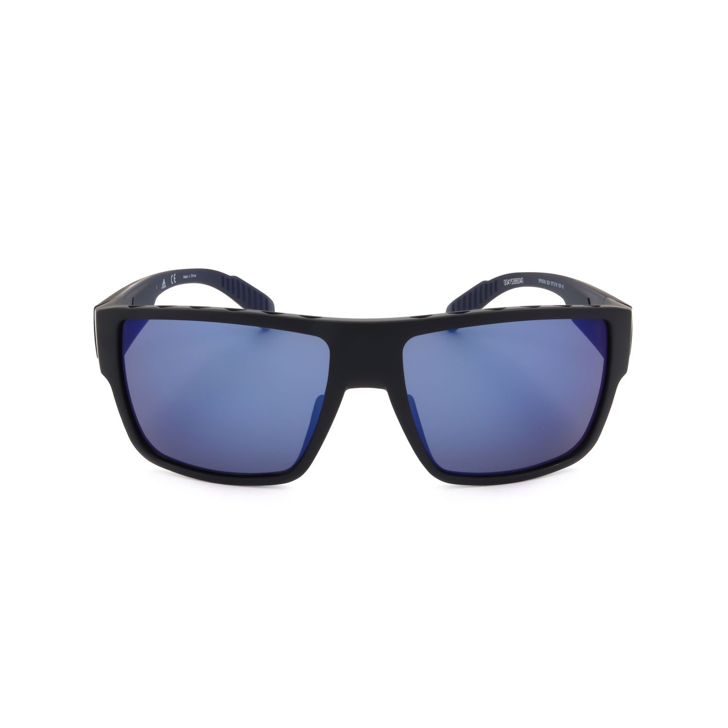 Occhiali da sole neri con lenti rettangolari blu a specchio e aste texturizzate.