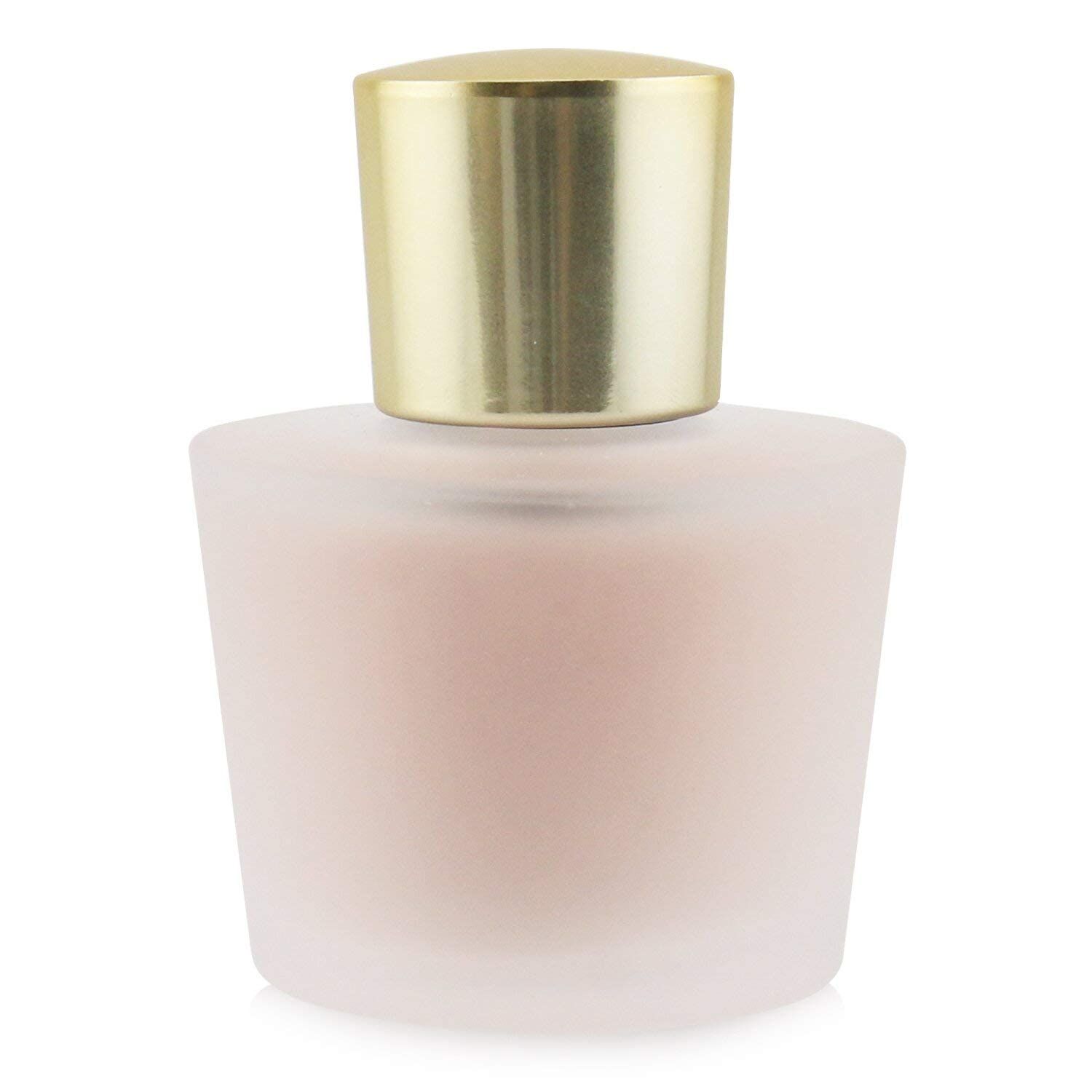 Flacone di vetro con tappo dorato. Il flacone è smerigliato e contiene un liquido rosa.