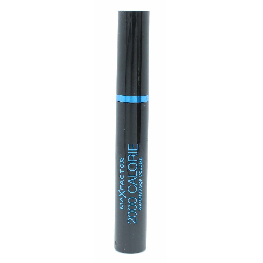 Tubo di mascara nero con accento blu. Scritta: Max Factor 2000 Calorie Waterproof Volume.