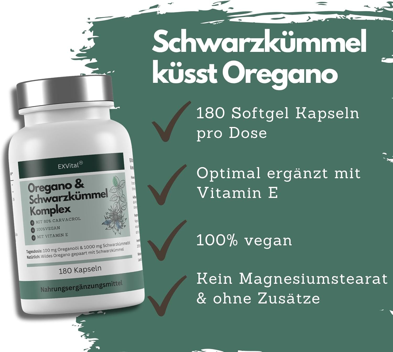Flacone bianco con capsule. Testo: Complesso Origano & Cumino nero, 180 capsule, vegano, con vitamina E.