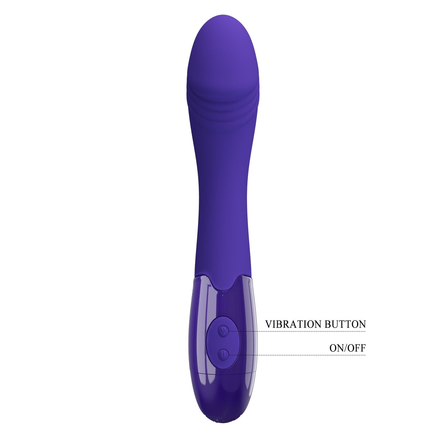 Vibratore viola. Forma ovale. Due pulsanti con testo: VIBRATION BUTTON, ON/OFF. Zona trasparente.