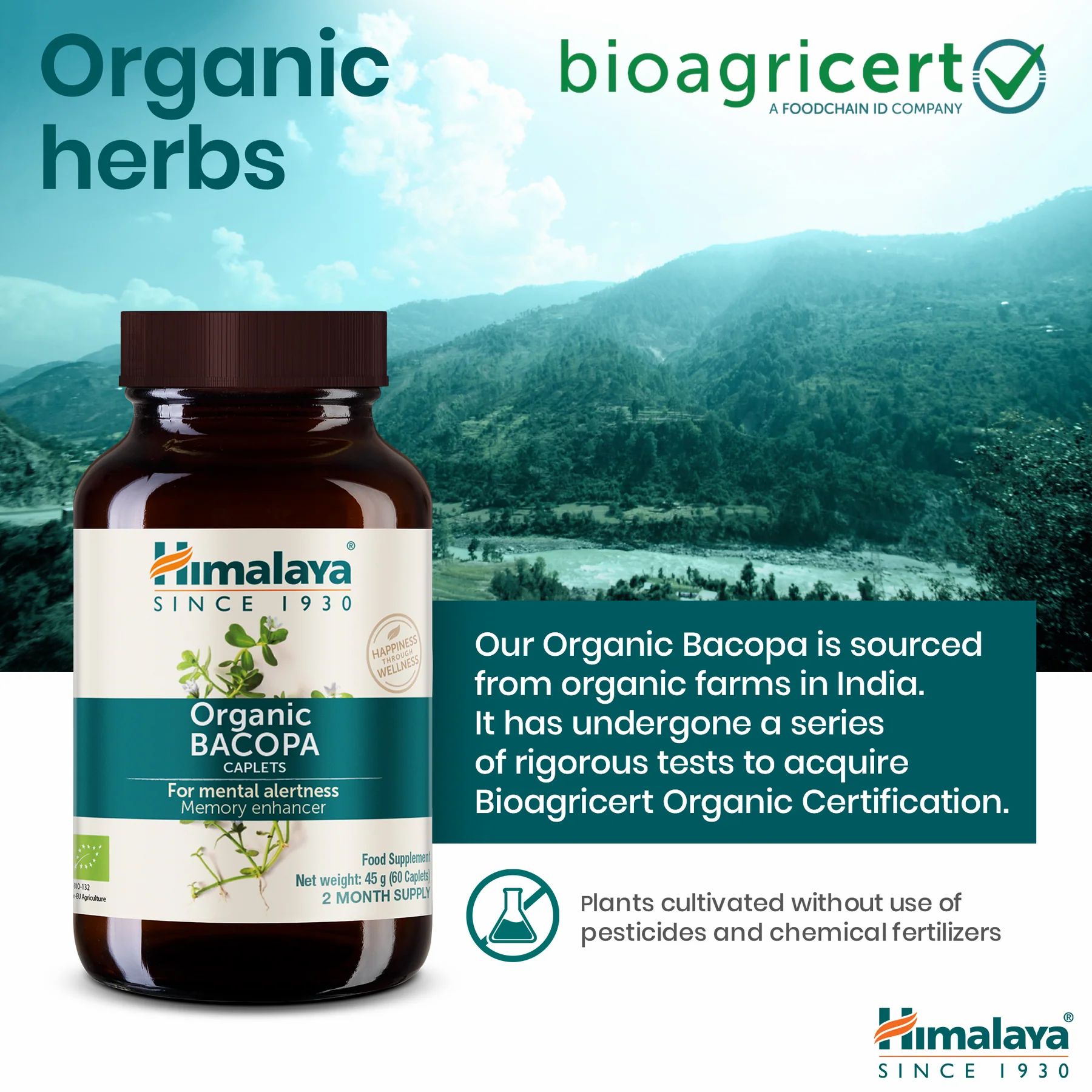 Flacone di Himalaya Bio-Bacopa davanti a un paesaggio. Testo: Organic Bacopa. Certificazione Bioagricert. Coltivazione senza pesticidi.