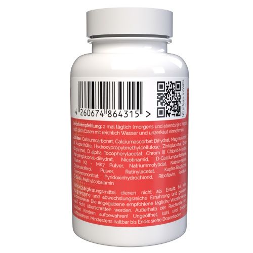 Flacone bianco con etichetta rossa. Codice a barre e QR code. Testo in tedesco con ingredienti e dosaggio.