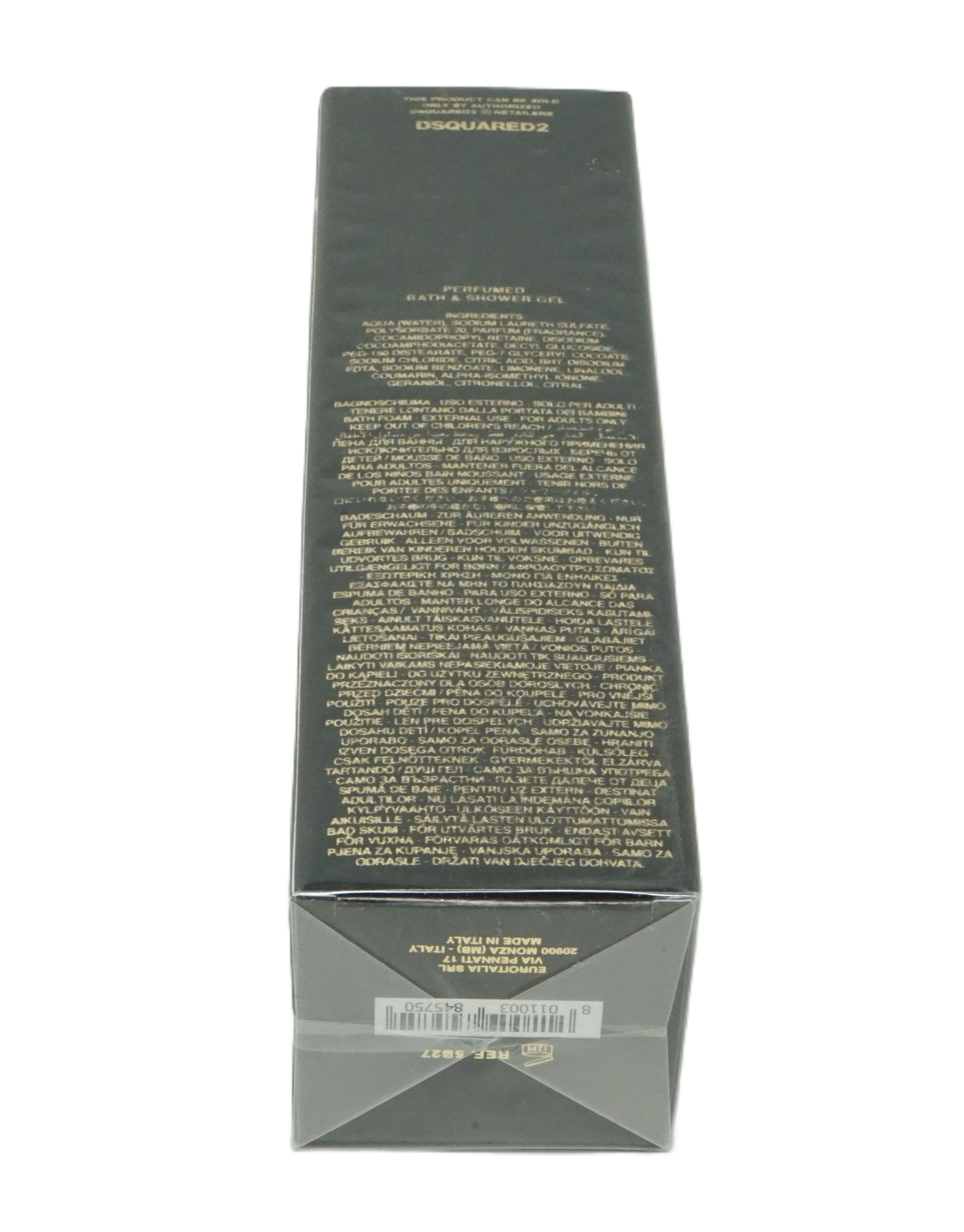 Confezione del bagnoschiuma Dsquared2 Wood con informazioni dettagliate sul prodotto.