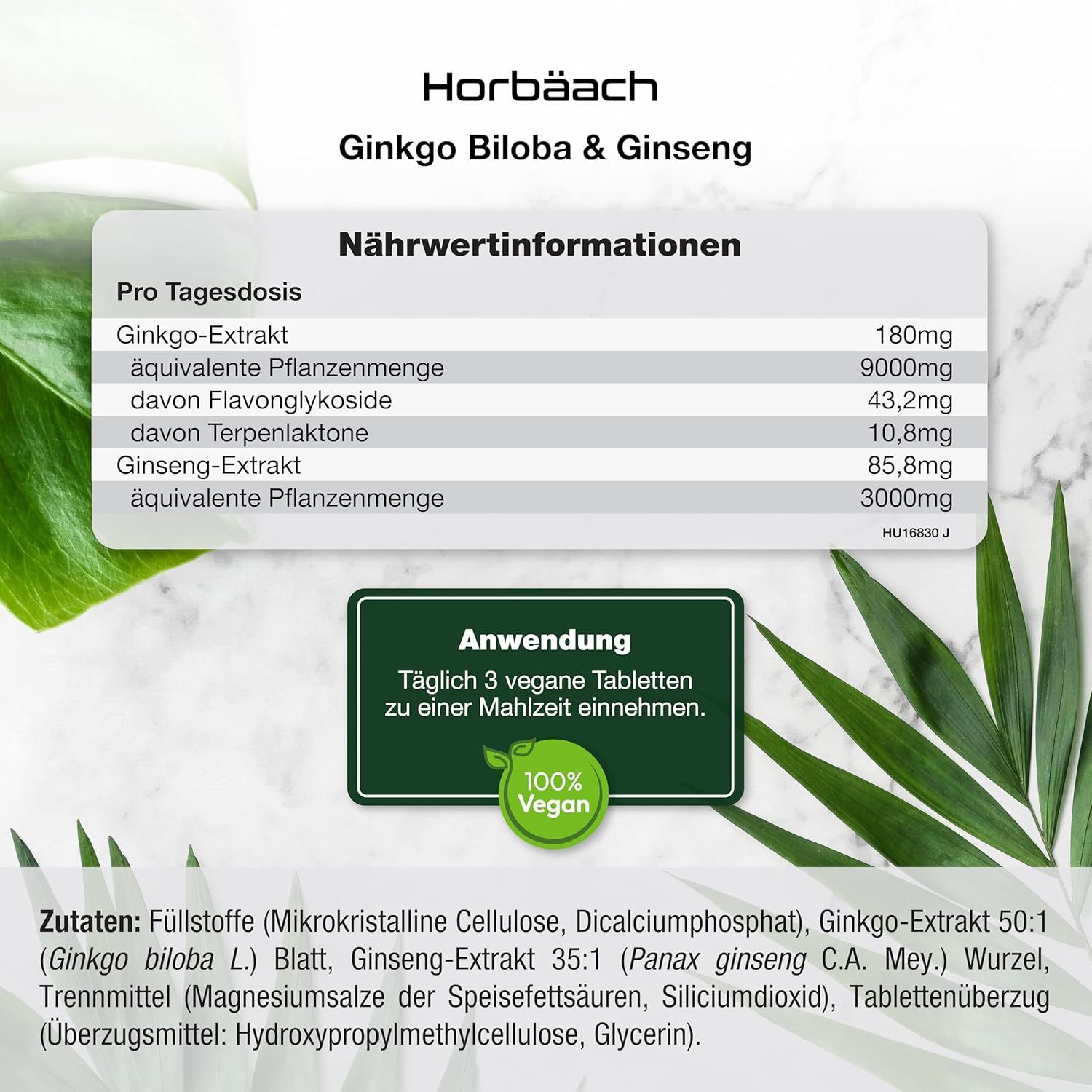 Tabella con informazioni nutrizionali. Contiene informazioni sull'estratto di Ginkgo e l'estratto di Ginseng. Uso: 3 compresse.