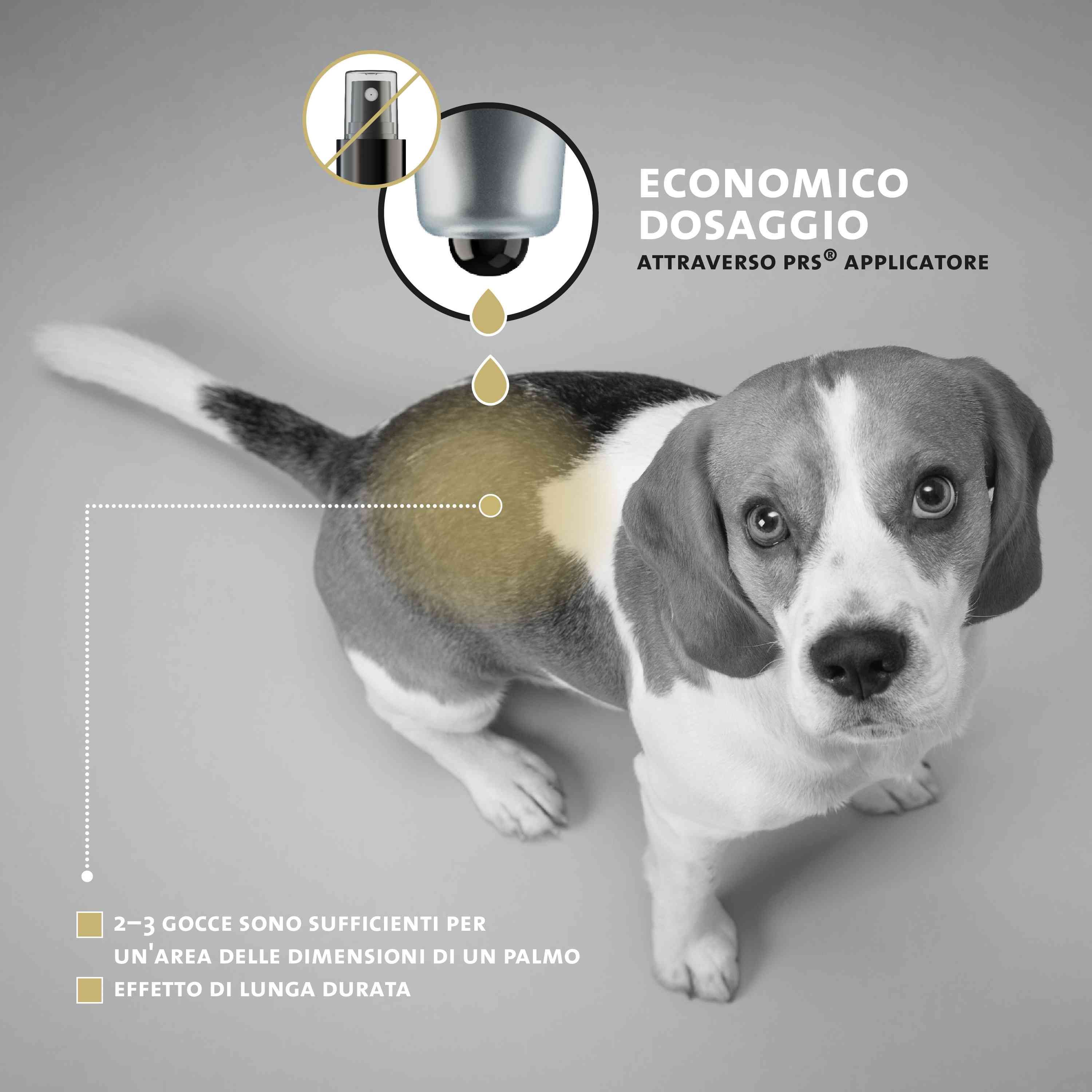 Cane con applicatore. Testo: Dosaggio economico tramite applicatore PRS. 2-3 gocce per un'area delle dimensioni di un palmo.