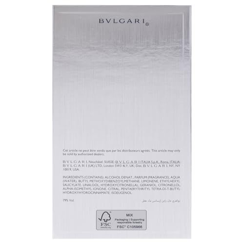 Retro della confezione Bvlgari Man Rain Essence. Testo con ingredienti, logo FSC e altre informazioni.