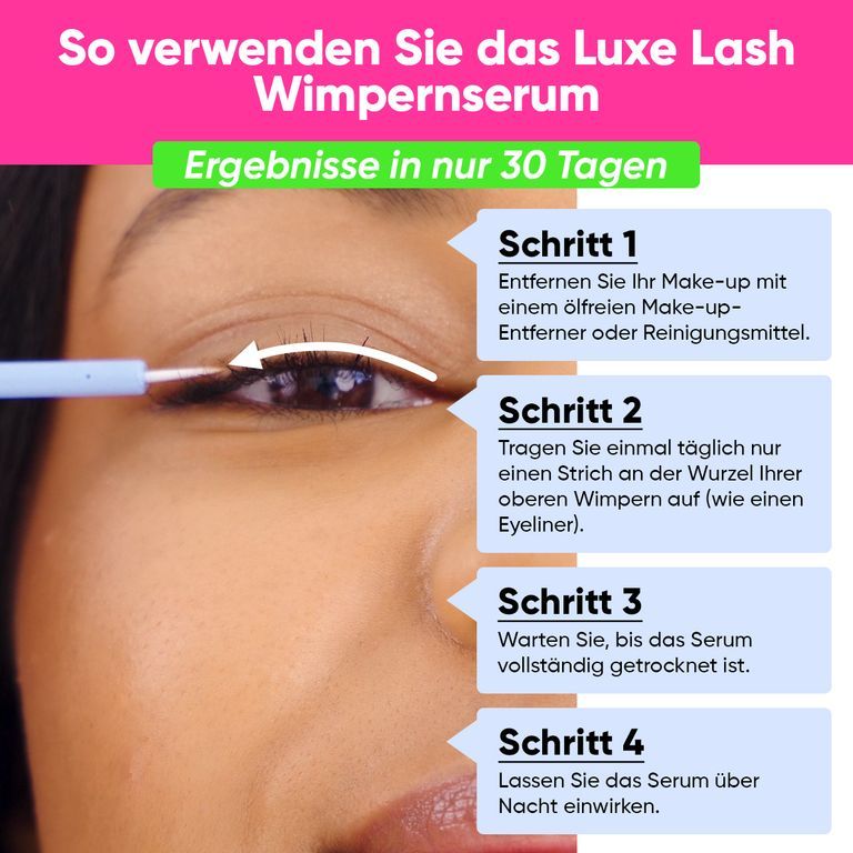 Passaggi per l'uso del siero ciglia Luxe Lash: struccare, applicare, lasciare asciugare, lasciare agire.