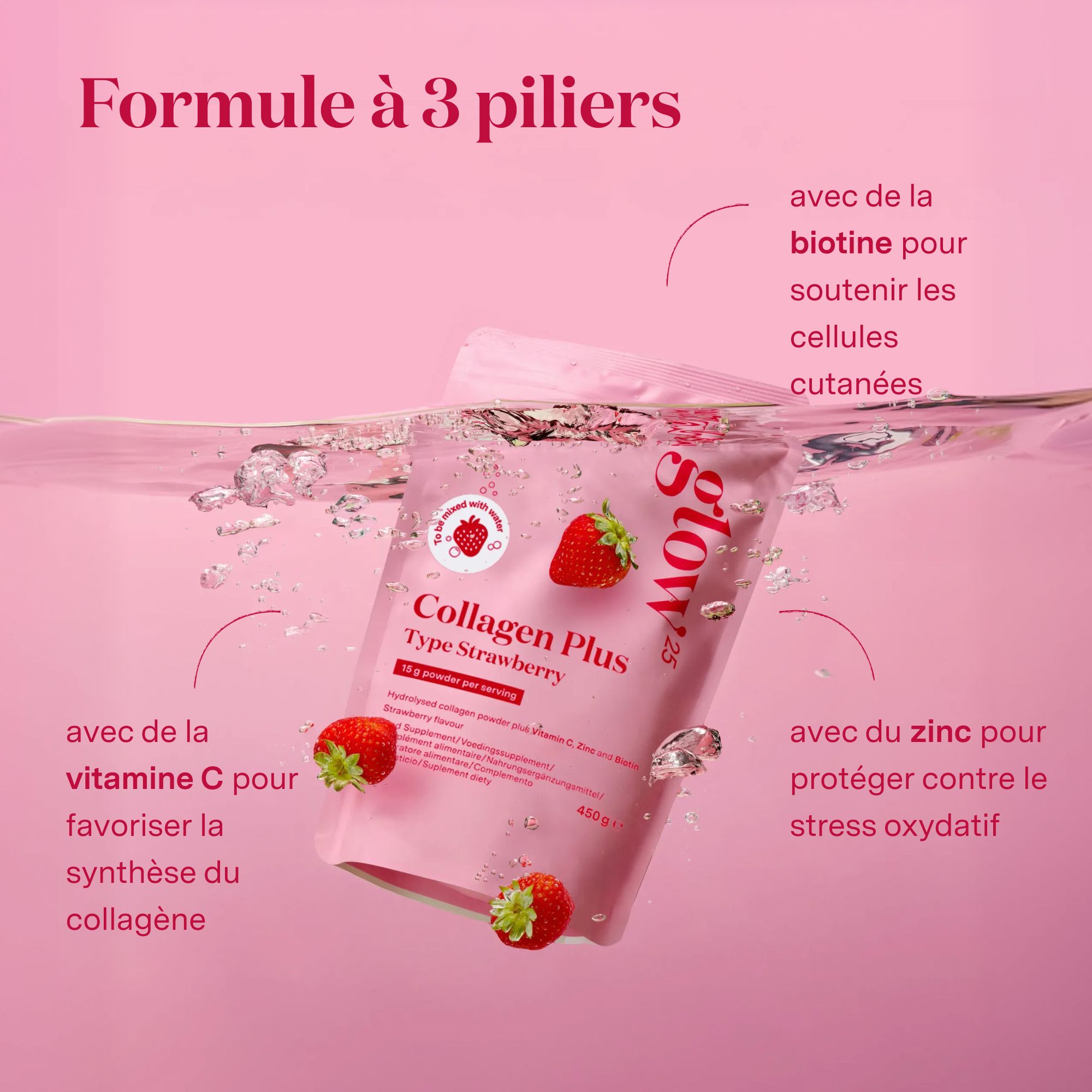 Busta Glow25 Collagen Plus Tipo Fragola e un bicchiere di bevanda alla fragola.