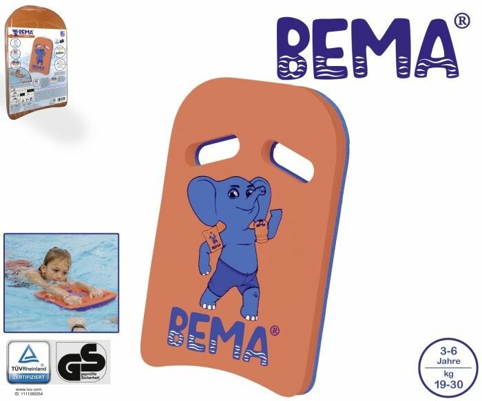 Tavola da nuoto arancione con logo elefante blu. Marchio GS e indicazione di età 3-6 anni, 19-30 kg.